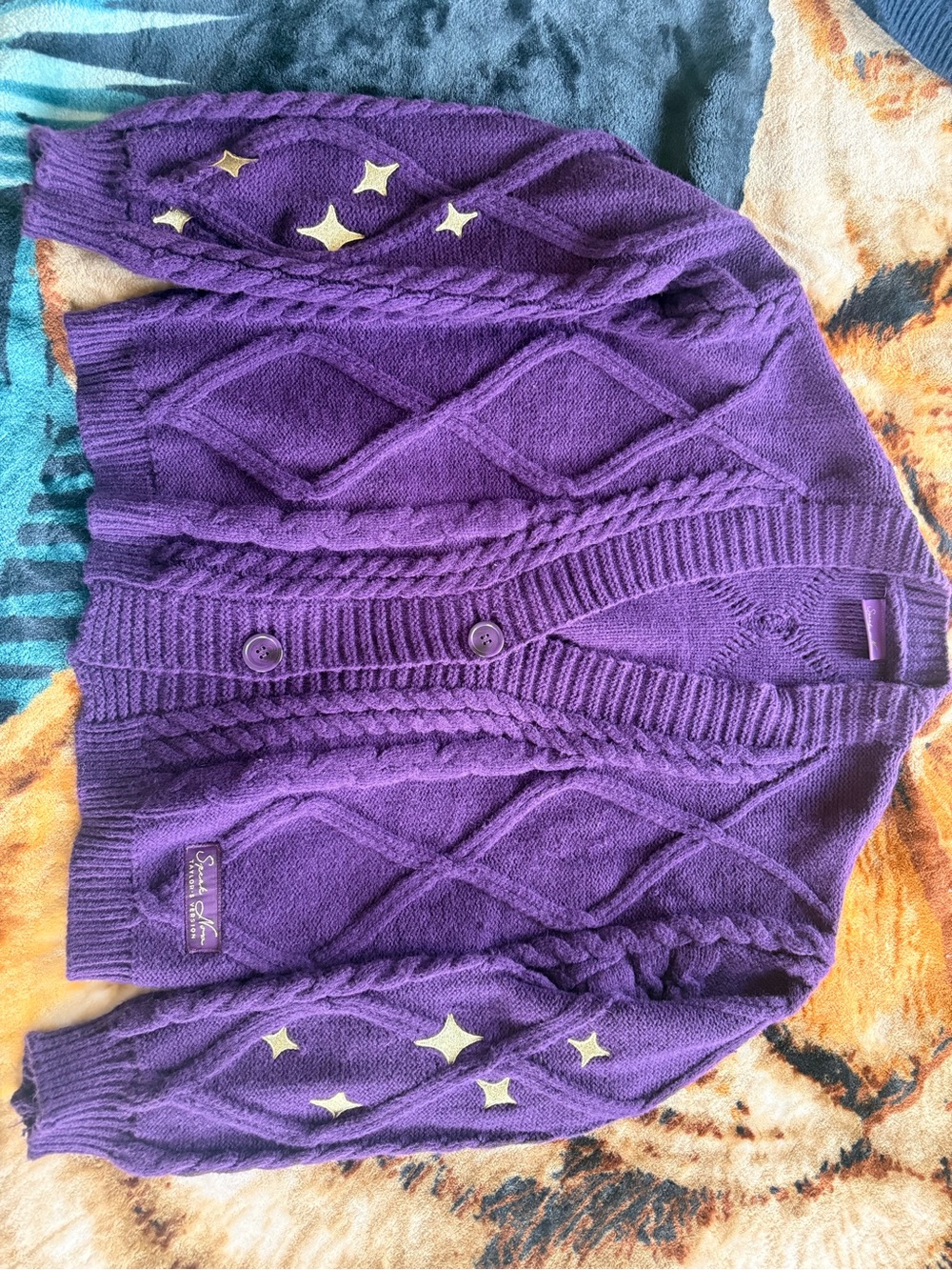 Taylor Swift Purple Cable Knit Cardigan with Star Appliqués